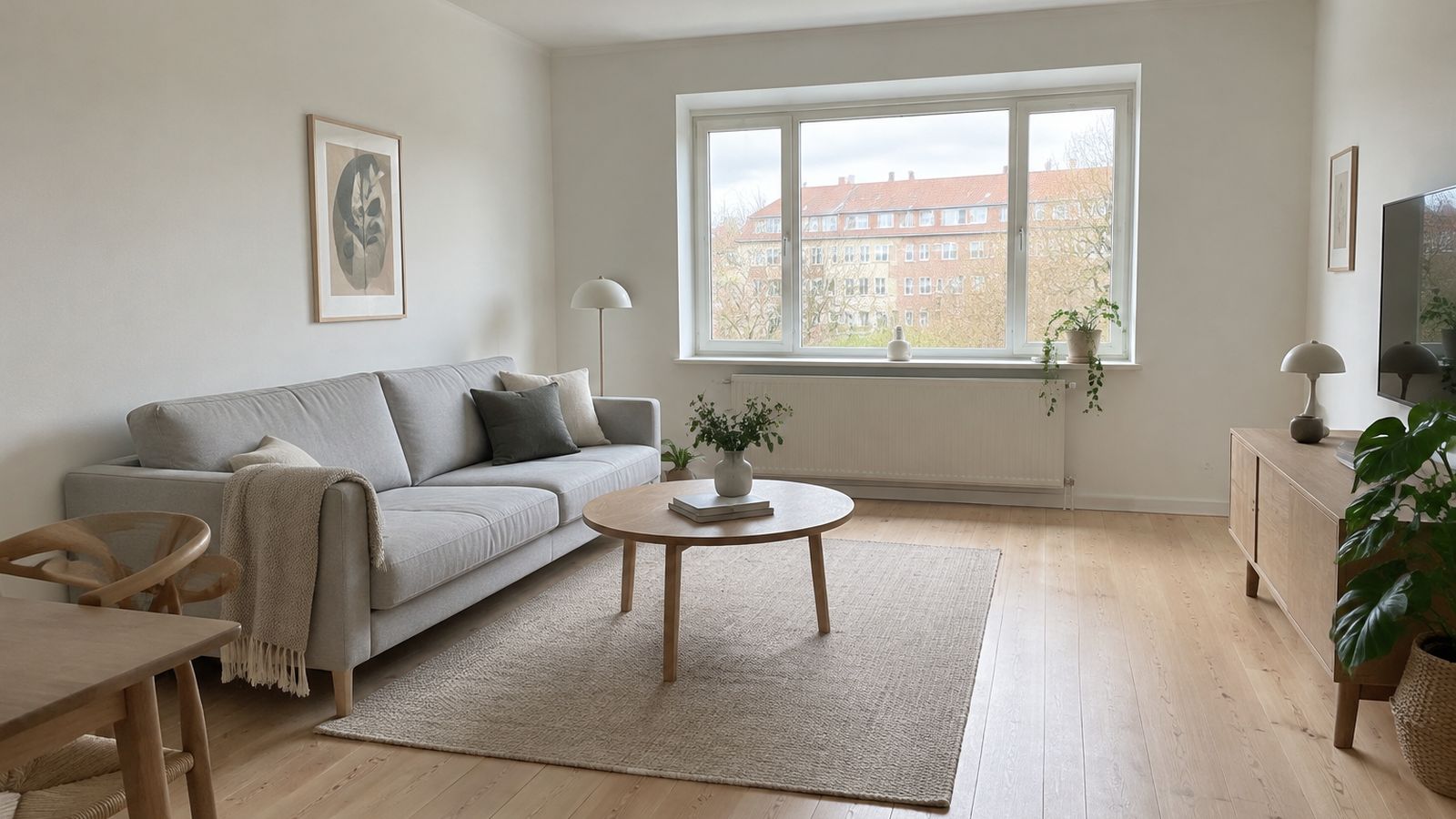 Lys friskmalet dansk stue med blødt dagslys fra vinduet